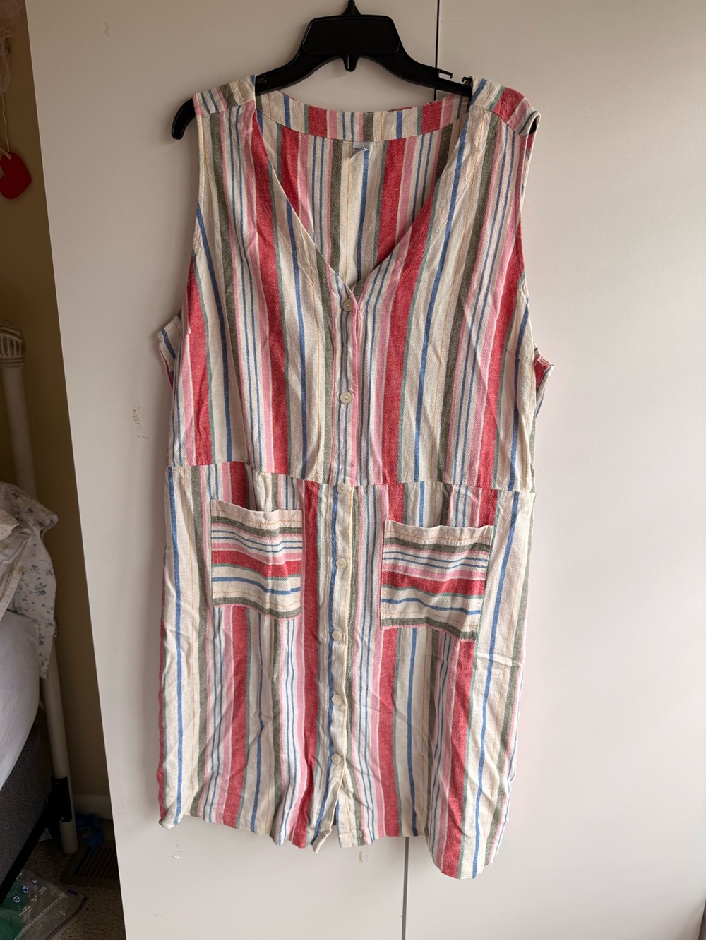 Sleeveless V-Neck Striped Cotton/linen Dress in Cream & Red